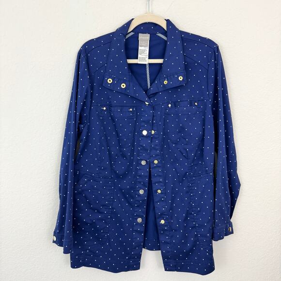 Chico's Womens Long Sleeve Shirt Jacket Size L Polka Dot Casual Travel Blue - Picture 1 of 5